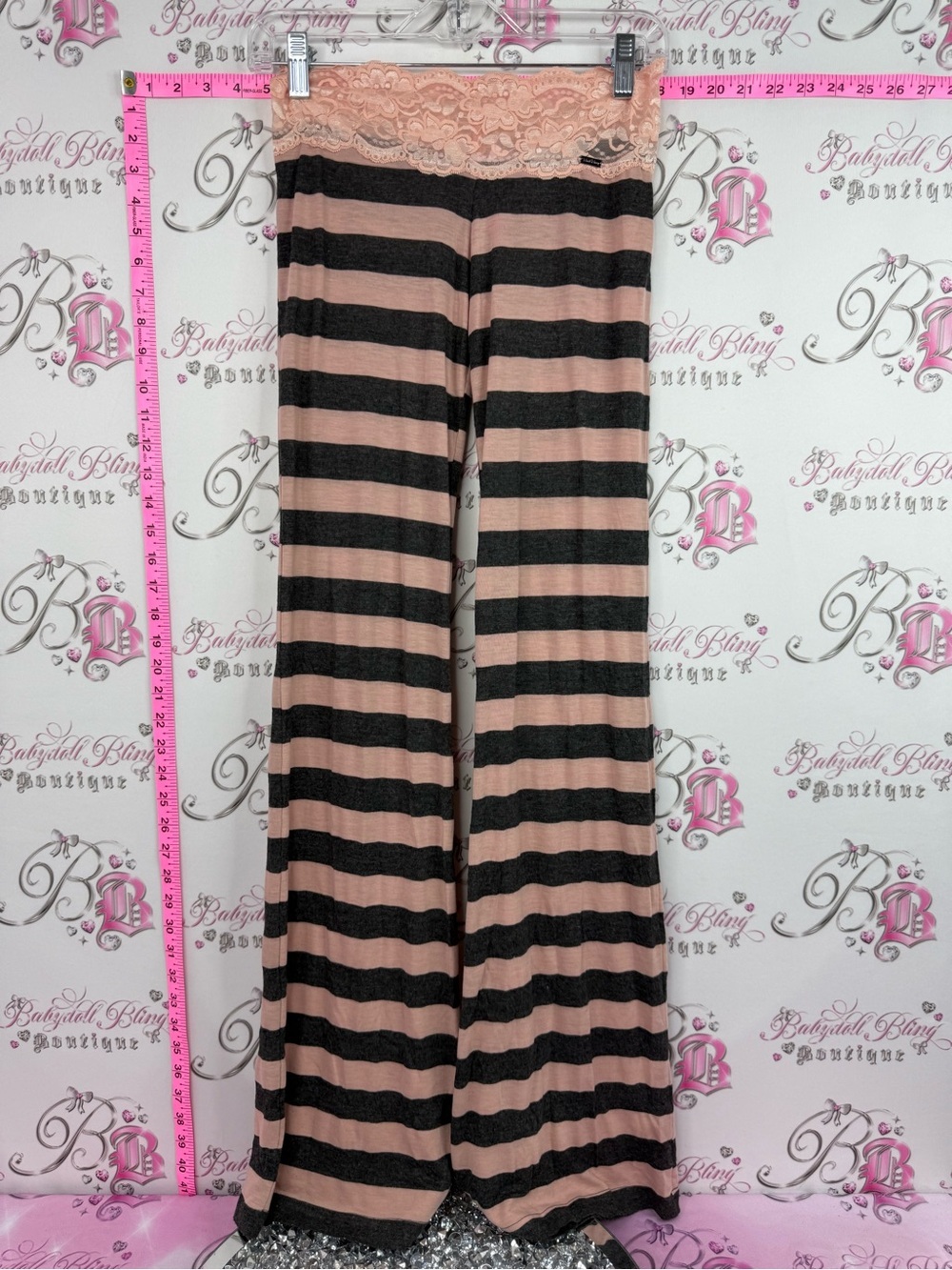 Beach Bunny pants vintage y2k grey Black & Dusty Rose Striped Wide Leg Pants